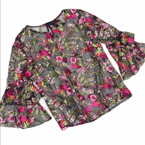 Weavz Embroidered Floral Bell Sleeve Sheer Top S - Picture 3 of 14